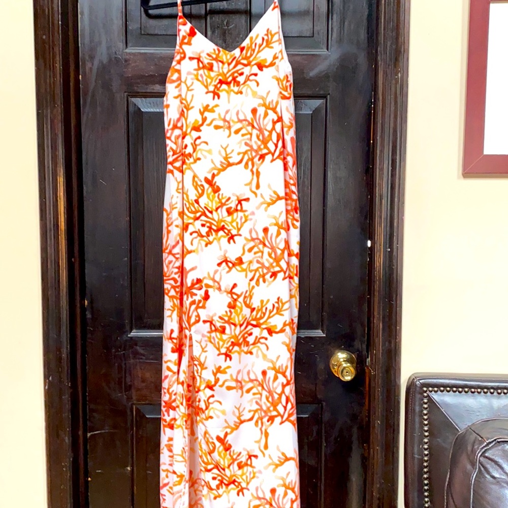 Dress white with coral design gold snd orange
